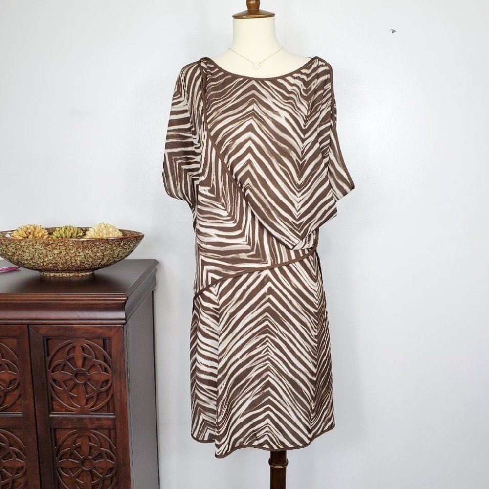 BCBGMaxAzria Unique Brown Tan Chiffon Zebra Print Semi-Sheer Dress Size XS